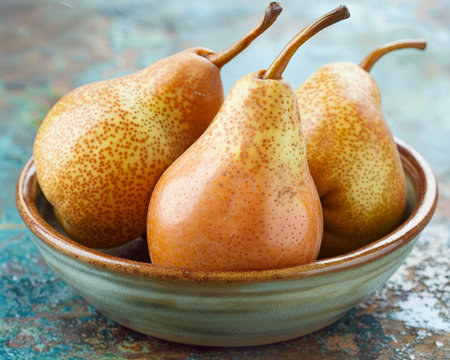 Three ripe white chinese pears in a ceramic bowl on a textured light blue surface with natural lightの素材