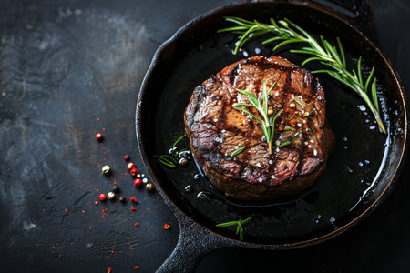 Savory grilled black angus chuck roll steak with fresh herbs, garlic, and olive oil in skilletの素材