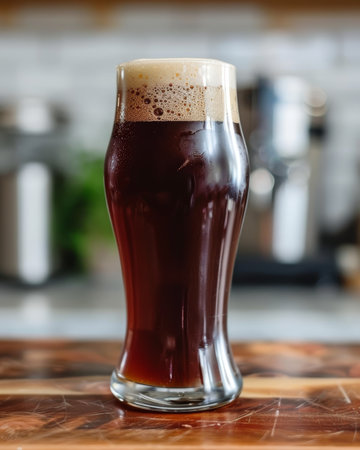 Refreshing dark beer in a glass accompanied by crispy chips for a perfect snack experienceの素材