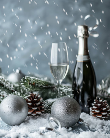 Joyous christmas and new year celebration with champagne, glasses, silver ribbons, snow, and baublesの素材