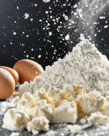 Charming still life composition of flour, eggs, and cottage cheese bathed in natural lightの素材