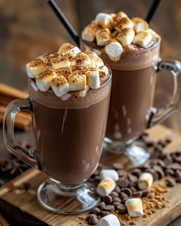 Indulge in creamy hot chocolate topped with fluffy mini marshmallows for a cozy delightの素材