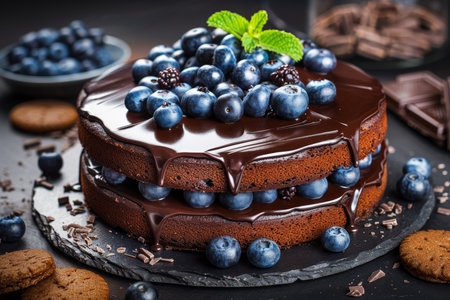 Indulge in a decadent chocolate cake topped with blueberries, chocolates, and cookiesの素材