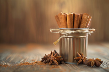Rustic arrangement of cinnamon sticks and anise stars with a sieve on weathered wood surfaceの素材