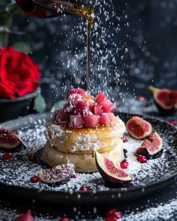 Delicious gluten free pancakes served with fresh figs and a generous drizzle of maple syrupの素材