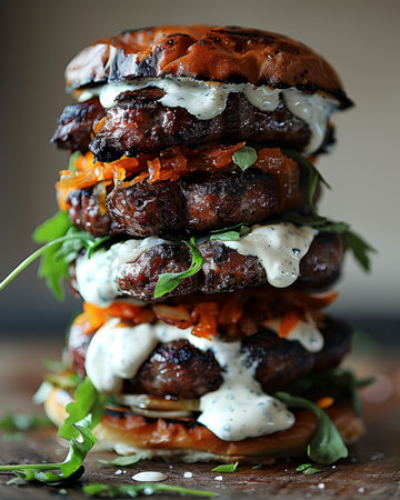 Savory bavarian burger with grilled sausages, sauerkraut, and mustard mayonnaise delightの素材