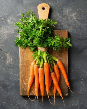 A bunch of fresh carrots with vibrant green tops arranged neatly on a wooden chopping boardの素材