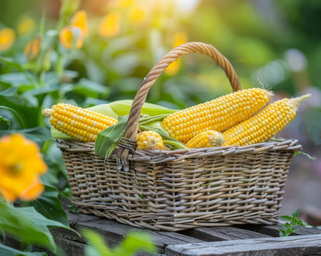 Elegant display of vibrant freshly harvested corn on the cob in a rustic basket trayの素材