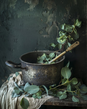 Cooking spoon resting in concrete pot surrounded by eucalyptus branches and linen fabric decorの素材