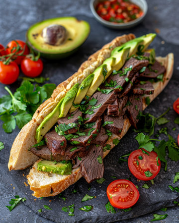 Savory baguette sandwich filled with juicy meat, avocado, fresh tomatoes, and spicy chili sauceの素材