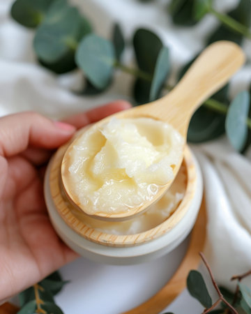 Natural Skincare Butter in a Jar with Spoon Surrounded by Eucalyptus Stems, Close-Up Studio Shotの素材