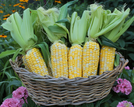 Vibrant, freshly harvested corn on the cob elegantly arranged in a rustic basket tray displayの素材