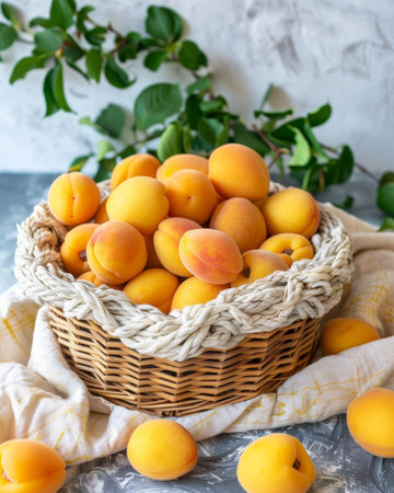 Delightful fresh apricots arranged in a charming basket, perfect for a refreshing summer snack.の素材