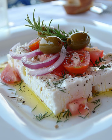 Delightful Greek feta salad with fresh tomatoes and savory olives for a healthy mealの素材