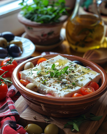 Delightful Greek feta salad with fresh tomatoes and savory olives for a healthy meal optionの素材