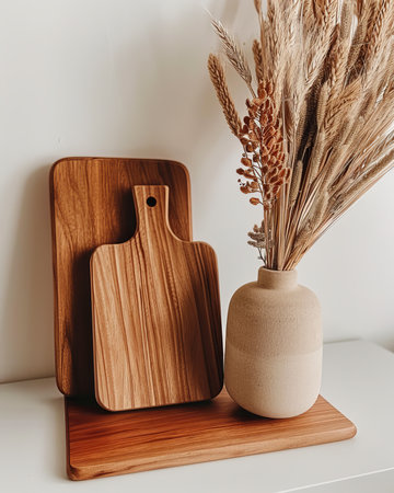 Charming wooden chopping boards paired with a vase of dried autumn flowers on a white tableの素材