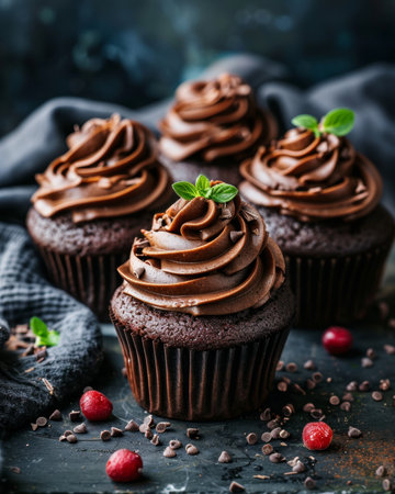 Delightful chocolate cupcake topped with rich creamy frosting for a perfect sweet indulgenceの素材