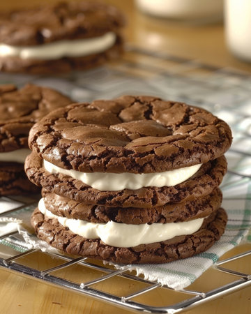 Irresistibly delicious chocolate double biscuits filled with creamy vanilla delight for sweet loversの素材