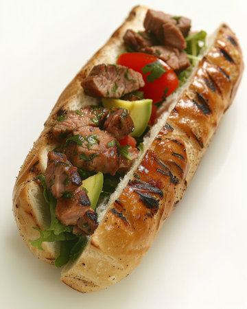Delicious baguette sandwich loaded with meat, avocado, fresh tomatoes, and spicy chili sauceの素材