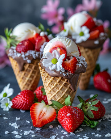 Delicious ice cream cones with rich chocolate, creamy strawberry, and classic vanilla flavorsの素材
