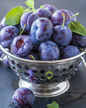 Fresh and vibrant juicy plums nestled among green leaves in a charming colander displayの素材