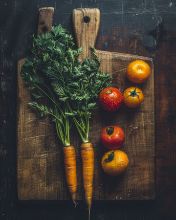 Fresh carrots with bright green tops beautifully arranged on a rustic wooden chopping boardの素材