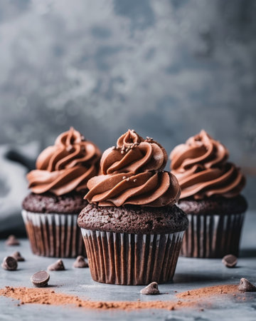 Indulge in a decadent chocolate cupcake adorned with luxurious creamy frosting for a sweet delightの素材