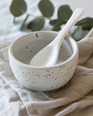 Stylish cooking spoon resting in concrete pot surrounded by eucalyptus branches and linen decorの素材