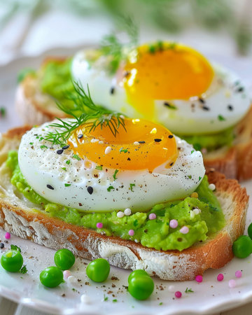 Savory toasts with creamy mashed peas, hard boiled egg, pink pepper, and black sesame toppingの素材