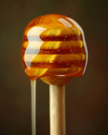 Close up of honey dripping from a dipper, capturing the rich texture and golden color of honeyの素材