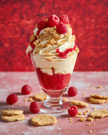 Layered desserts in glasses with custard cream, fruit sauce, biscuit crumbs, and fresh berriesの素材
