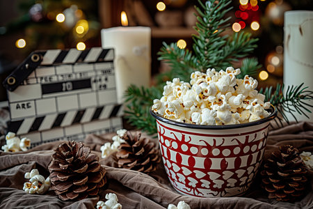 Festive cinema centerpiece with popcorn bucket, pine cones, and holiday clapperboard decorの素材