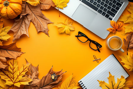 Autumn inspired workspace flat lay featuring laptop, notebook, glasses, and decorative leavesの素材