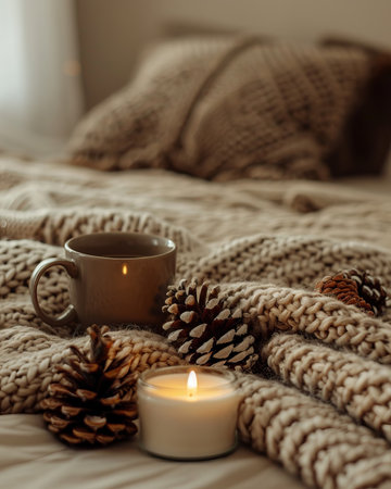 Cozy winter scene with chocolate mug, candle, pine cones, and knitted blanket on wooden tableの素材