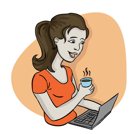 Young woman working from home, holding a cup of coffee in front of a laptop のイラスト素材