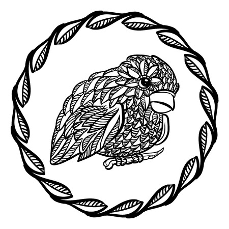 Black and white ornate bird with a circle frameのイラスト素材