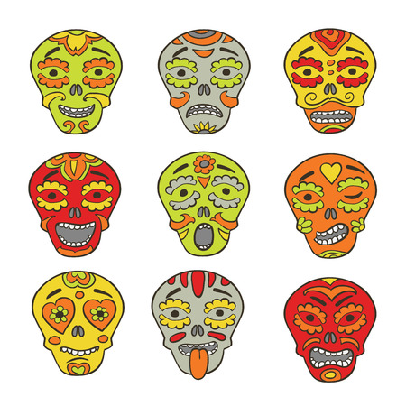 Emoticons of mexican skulls - calaveras,  with colorfull expresionsのイラスト素材