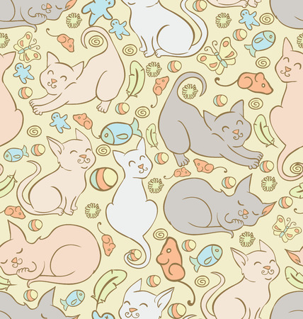 Seamless background pattern with playfull cats and kitten toysのイラスト素材