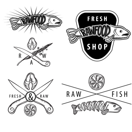 Set of black and white vintage retro badges with salmon, lemon, fish knifesのイラスト素材