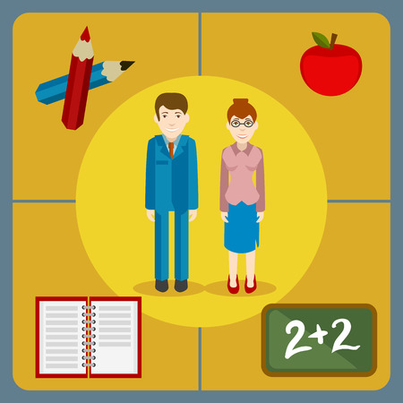 Flat style icons of a pair of teachers with some of the theaching equipment calendar, apple, pencilsのイラスト素材