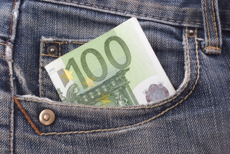 One hundred euro banknote in the jeans pocket.の写真素材