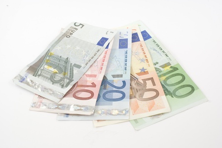 Euro banknotes from five to one hundred. Isolated on white.の写真素材