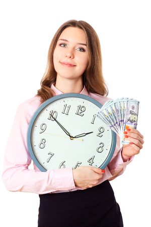 Business woman is holding in hands clock and money.Dollars time.の写真素材