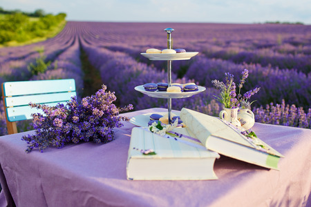 Table decoration in lavender flowers.の写真素材