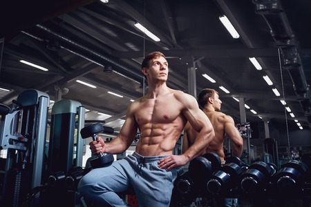 Athlete man with dumbbells in hands on a simulator in the gym.の写真素材