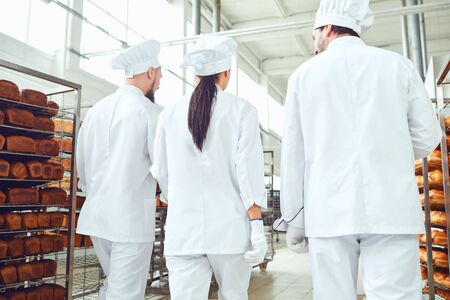 Bakers team goes in the workshop production of bread. Modern bakery.の写真素材