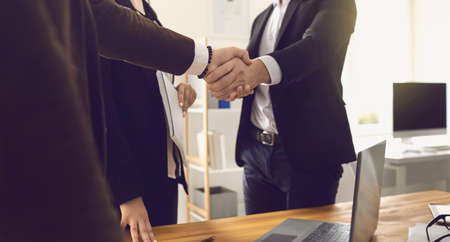 Closeup of businesspeople shaking hands in office. HR manager and successful candidate thanking each...