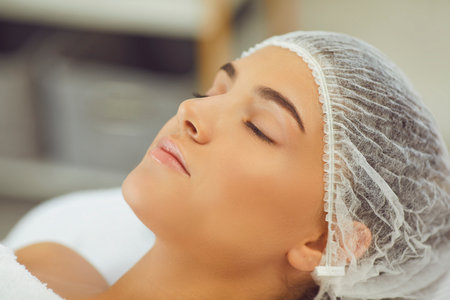 Close-up of young beautiful womans face relaxing with eyes closed after skincare procedure or massage in beauty spa salon, side view. Facial skincare in cosmetologyの写真素材