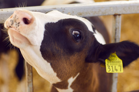 Close-up of curious cute baby calf with ear tag number poking its head through bars of its cage and looking at camera with clever shiny eye standing in barn on livestock farm. Cattle breeding conceptの写真素材