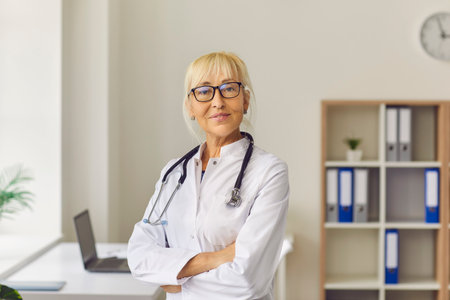 Profile staff. Happy female physician, therapist, general practitioner looking at camera standing in hospital. Proud professional senior woman standing in medical office.の写真素材